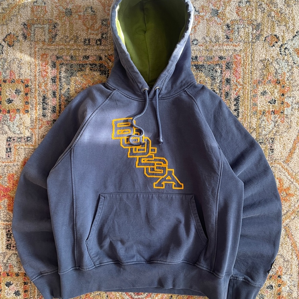 Bodega Navy Blue Hoodie with Yellow Logo